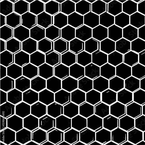 Illustration of a black background filled with a white honeycomb pattern with rough edges design effect