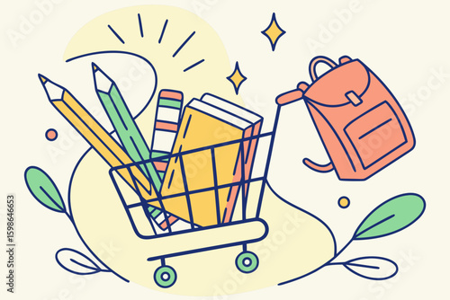 Vibrant school supplies rotate in a shopping cart in lively animation, symbolizing back-to-school energy, modern flat illustration style
