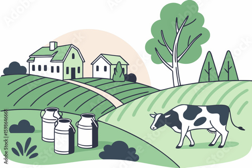 Village with dairy farm cows and milk cans in a field, showing fresh produce and eco-farming life, modern flat illustration style.