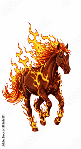 Year of the horse artwork showing fiery stallion with glowing mane and hooves on blank backdrop. Year of the horse themed illustration capturing power, energy,