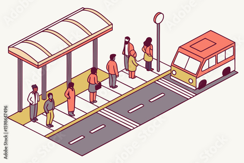 Passengers queuing for a public bus on a busy street with urban details and transport vibes, modern flat illustration style.
