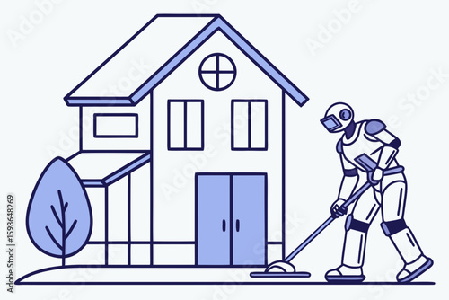 Personal robot assisting with daily tasks, symbolizing smart home AI technology and digital help service, modern flat illustration style.