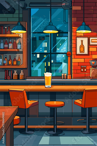 Cozy Urban Bar Interior with Beer on Counter and City View