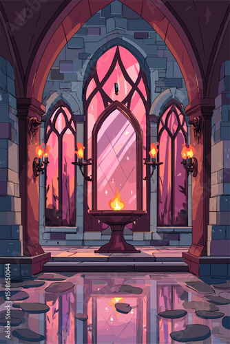 Enchanting Castle Interior with Gothic Architecture and Reflections