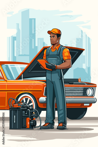 Auto Mechanic Inspecting Classic Car with Diagnostic Tools in Urban Setting
