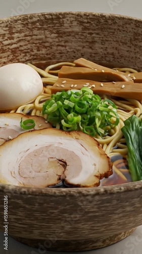 Authentic Japanese Ramen with Rich Broth, Noodles, Soft-Boiled Egg, and Toppings – Steaming Hot Bowl of Comfort Food with Pork, Seaweed, and Scallions.