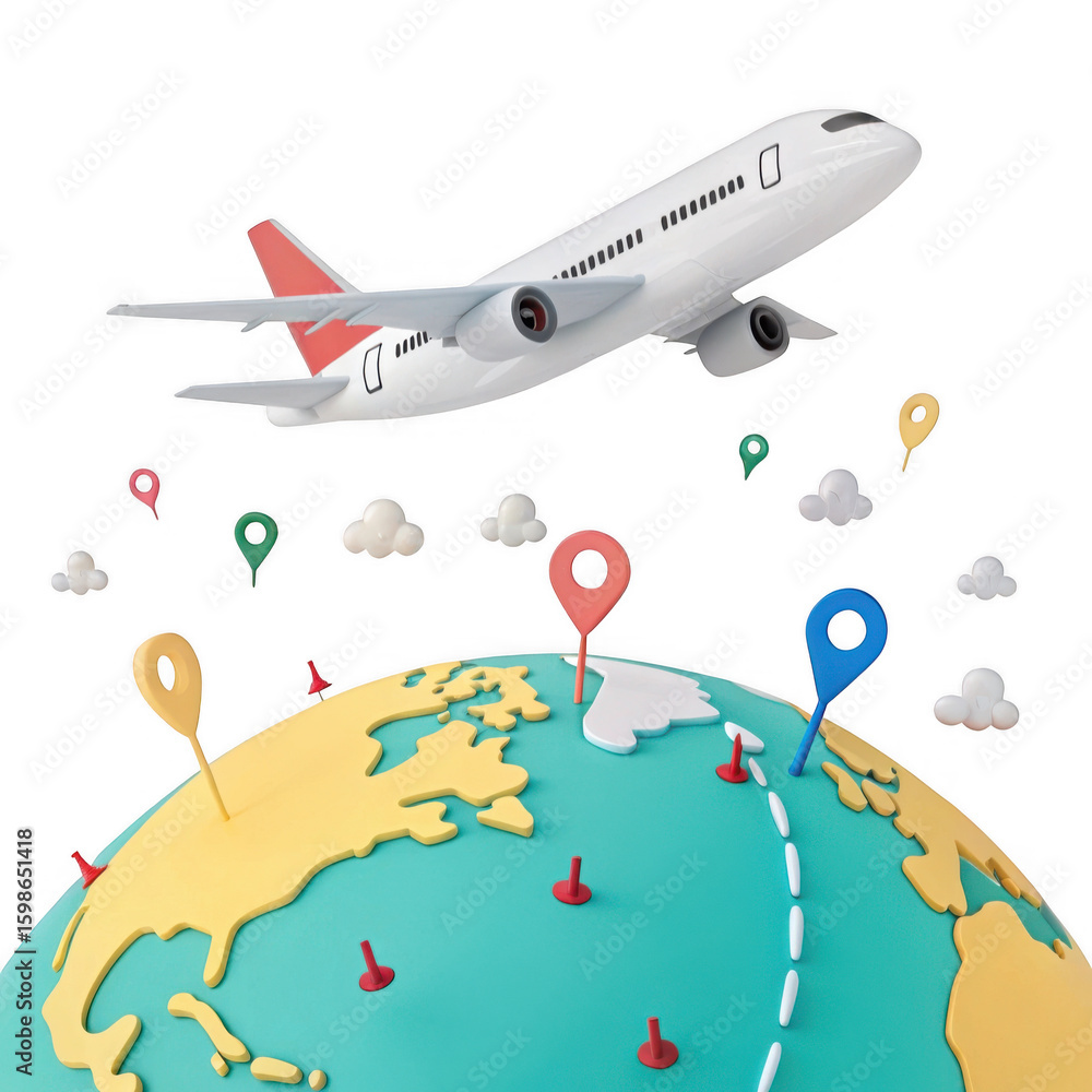 Naklejka premium Airplane flying over a stylized globe with location pins and clouds
