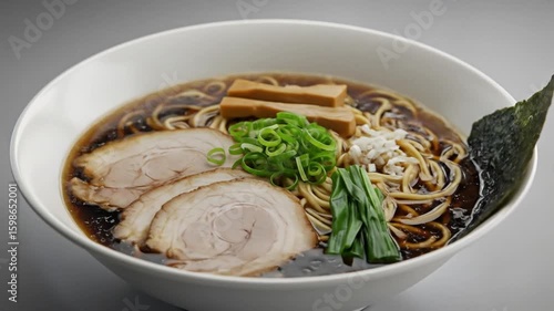 Authentic Japanese Ramen with Rich Broth, Noodles, Soft-Boiled Egg, and Toppings – Steaming Hot Bowl of Comfort Food with Pork, Seaweed, and Scallions.