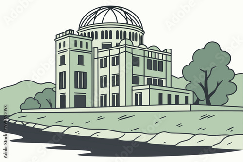 The atomic bomb dome in Hiroshima stands as a somber post-war ruin reflecting on destruction and history, modern flat illustration style