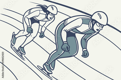 Two racers zoom side by side, tires spinning and adrenaline high in a tight close-up, modern flat illustration style