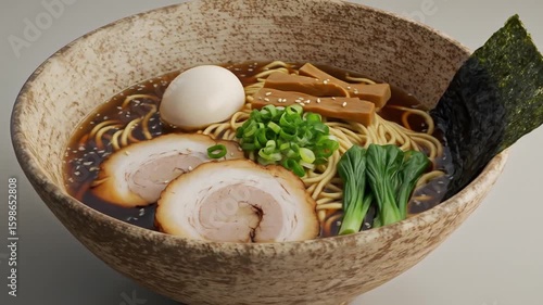 Authentic Japanese Ramen with Rich Broth, Noodles, Soft-Boiled Egg, and Toppings – Steaming Hot Bowl of Comfort Food with Pork, Seaweed, and Scallions.