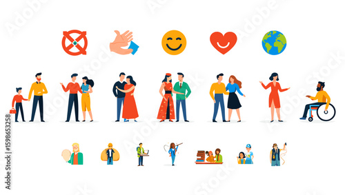 Diverse group of people couples and icons representing various concepts and professions in a colorful design