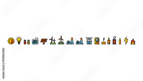 Illustration showing various energy sources including solar wind and fossil fuels with candles and batteries