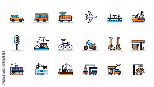 Illustration of various transportation methods including land sea and air travel and infrastructure icons