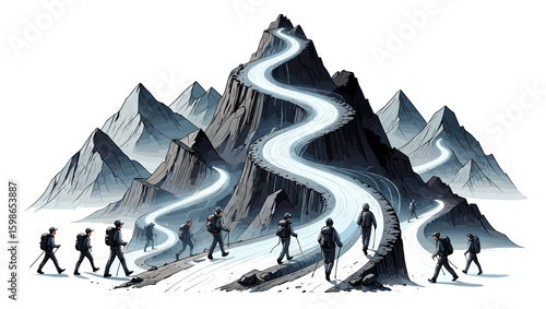Group of hikers ascending a winding mountain path towards the summit with backpacks and trekking poles