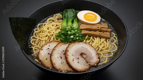 Authentic Japanese Ramen with Rich Broth, Noodles, Soft-Boiled Egg, and Toppings – Steaming Hot Bowl of Comfort Food with Pork, Seaweed, and Scallions.