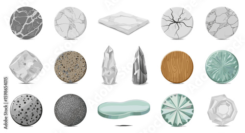 Collection of various shapes and textures of stones minerals and gems displayed on a white background