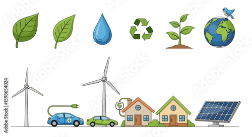 Illustration showing environmental conservation icons and renewable energy sources with houses and cars