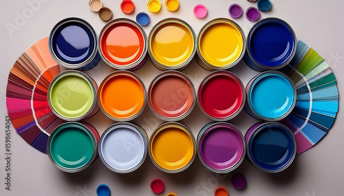 Top view of open paint cans in a vibrant range of colors, surrounded by color swatches. A perfect concept for creativity, design inspiration, interior decoration, and visual arts projects.
