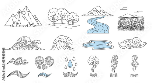 Wallpaper Mural Illustration of nature elements including mountains trees river waves clouds and rain in line art style Torontodigital.ca