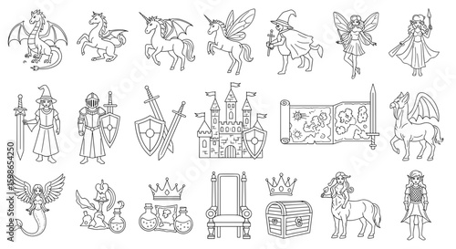 Line art collection of fantasy creatures, characters, and objects in black and white drawing style