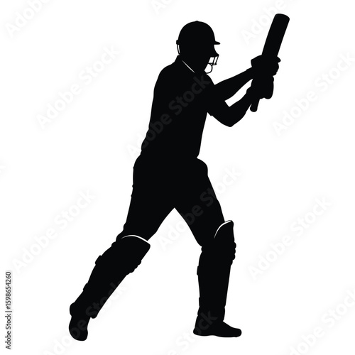 Cricket batsman silhouette poised to strike with bat in hand ready for action representing sportsmanship and athletic prowess with competitive spirit