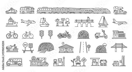 Outline drawings of various transportation methods and infrastructure elements in black and white style