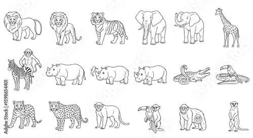 Outlined african animals including lions elephants tigers and primates in a black and white illustration