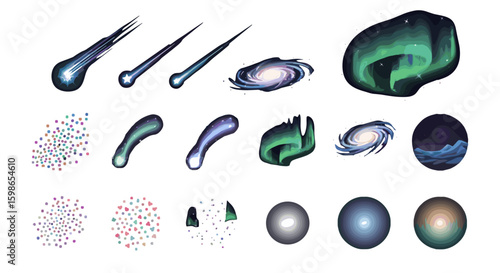Illustration featuring celestial objects including comets galaxies aurora borealis and abstract shapes art