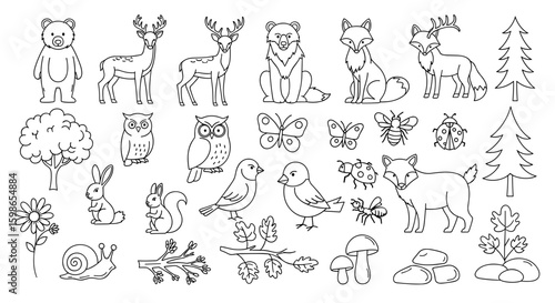 Illustration of woodland animals and nature elements in black and white outline style for coloring book page