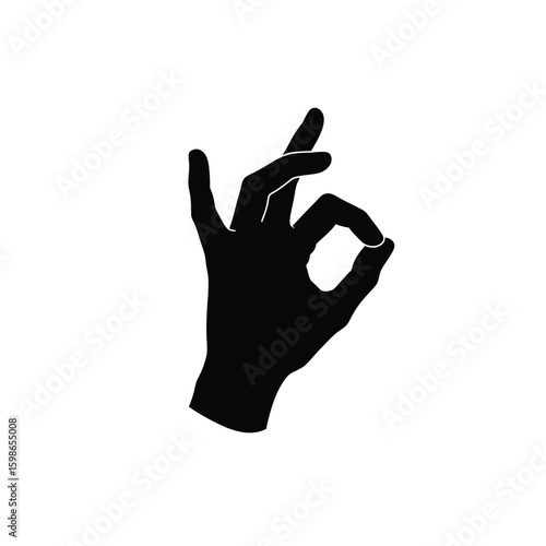 Black silhouette of a hand making the OK gesture against a white background representing agreement and acceptance with fingers bent