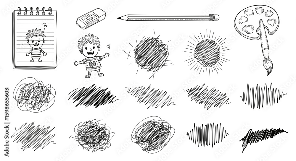 Hand drawn sketchbook page with doodles of a boy, art supplies, and scribble textures in black and white