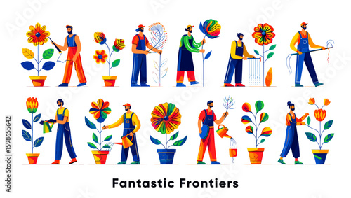 Illustration showing a group of gardeners tending to colorful flowers in pots against a white background