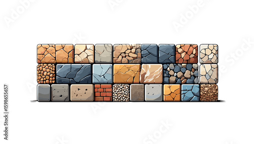Collection of twenty four square blocks with different textures and patterns arranged in a grid format