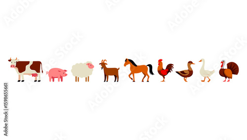 Illustration of a variety of farm animals including a cow pig sheep goat horse rooster duck goose and turkey