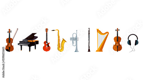 Assortment of musical instruments including a violin piano guitar saxophone trumpet clarinet harp and headphones