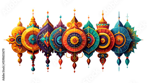 A collection of ornate decorative ornaments with a vibrant and colorful artistic presentation style