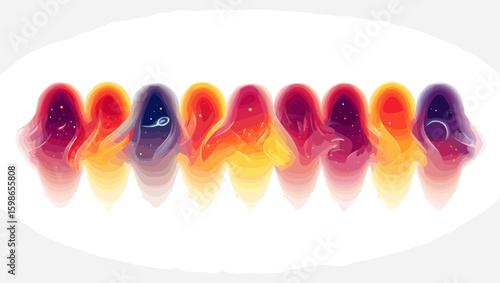 Abstract watercolor row of spectral figures with cosmic details on a white background art piece