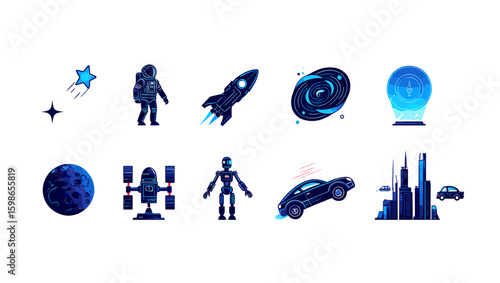 Illustration featuring space travel elements such as astronaut rocket and futuristic cityscapes design