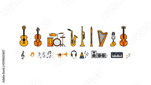 Illustration of various musical instruments including stringed, wind, percussion and electronic equipment
