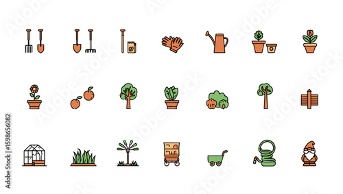 Collection of gardening tools and plants including shovels watering can and garden gnome illustration