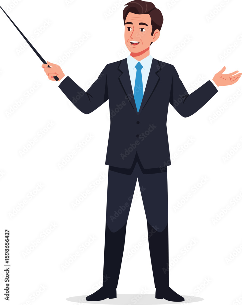 Businessman pointing with a stick and gesturing suit Businessman pointing with a stick and gesturing suit