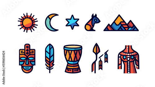 Illustration of sun moon star rabbit mountains mask feather drum spears and tribal shirt icons set up nicely