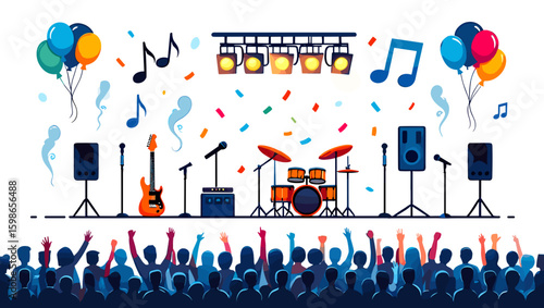 A vibrant concert scene with a band on stage, balloons, confetti, and an enthusiastic audience cheering on