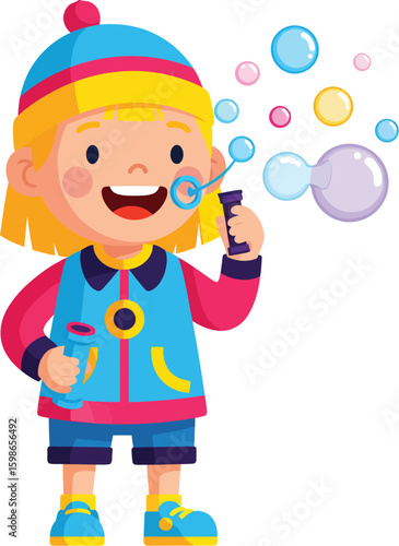 Cheerful child blowing colorful bubbles happy