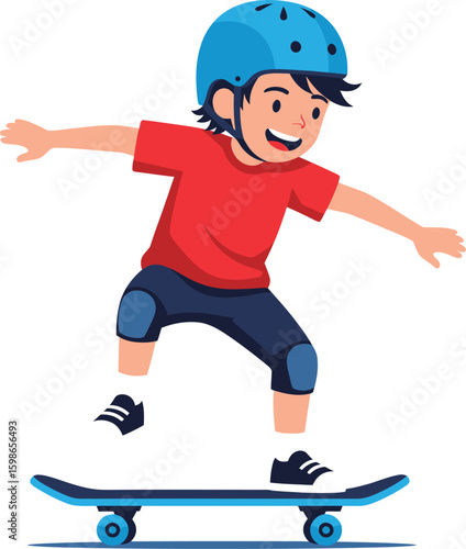 Cheerful boy in red shirt and blue helmet skateboarding blue shorts