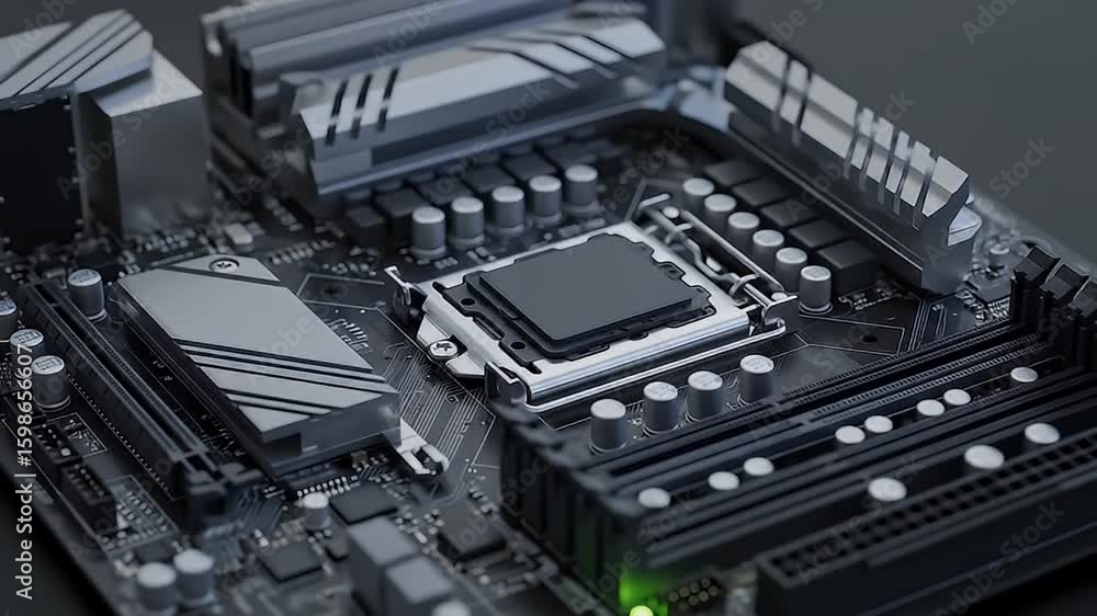 Close-up of a computer motherboard with CPU socket and components Close-up of a computer motherboard with CPU socket and components