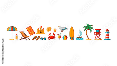 A collection of summer beach themed items including a lifeguard tower and a beach umbrella and more items