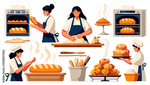Illustration showing bakers preparing bread and pastries in a bakery with ovens and baking tools