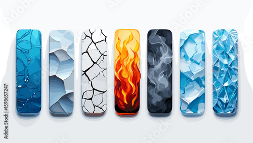 A display of elemental representations in vertical bars showcasing water earth fire smoke and ice designs